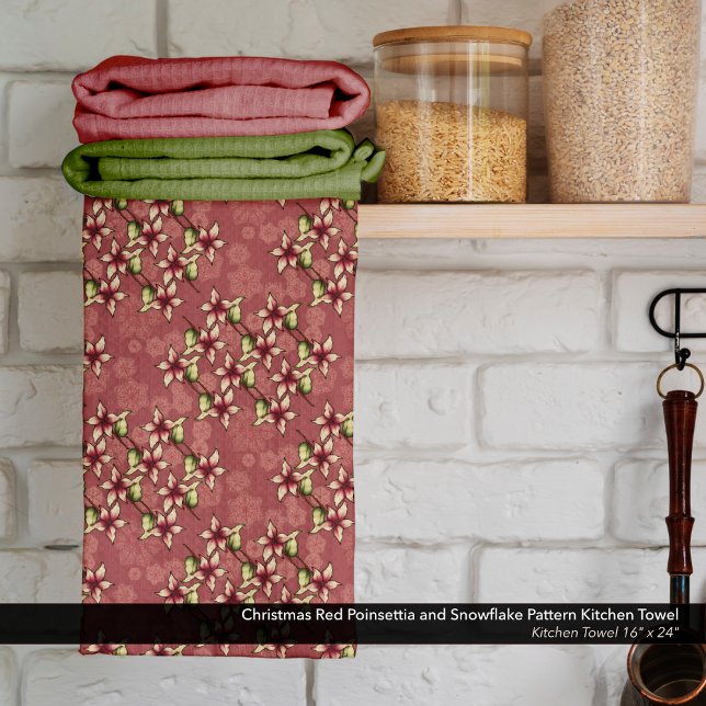 Christmas Red Poinsettia and Snowflake Pattern Tea Towel (Christmas Red Poinsettia and Snowflake Patterned Kitchen Towel - Size: 16" x 24")