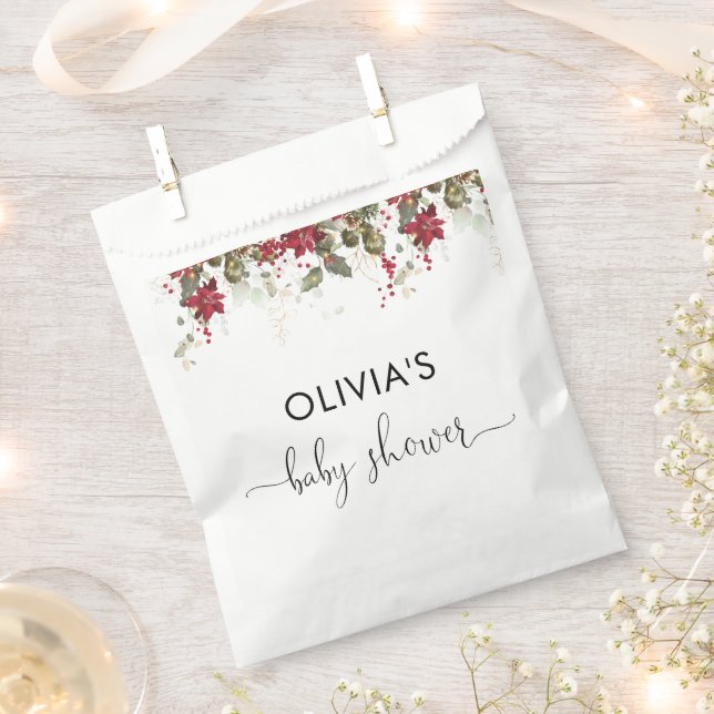 Christmas Red Poinsettia Baby Shower Favour Bag (Clipped)