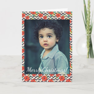 Christmas Red Poinsettia Black White Chevron Photo Note Card