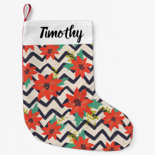 Christmas Red Poinsettia Black & White Chevron Small Christmas Stocking