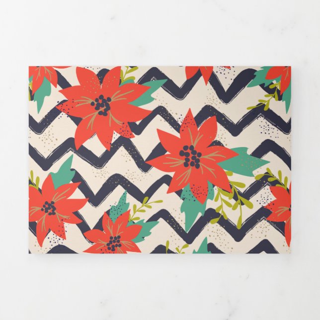 Christmas Red Poinsettia Black & White Chevron Tri-Fold Holiday Card (Cover)