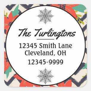 Christmas Red Poinsettia BlackWhite Return Address Square Sticker