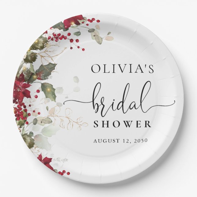 Christmas Red Poinsettia Bridal Shower Paper Plate (Front)