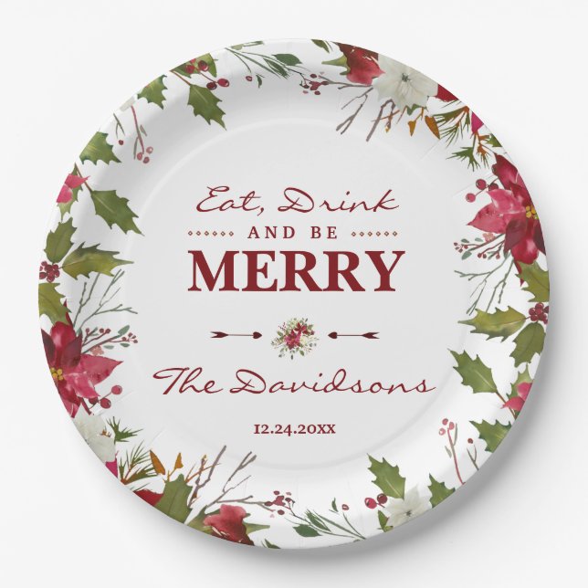 Christmas Red Poinsettia Eat Drink and be Merry Paper Plate (Front)