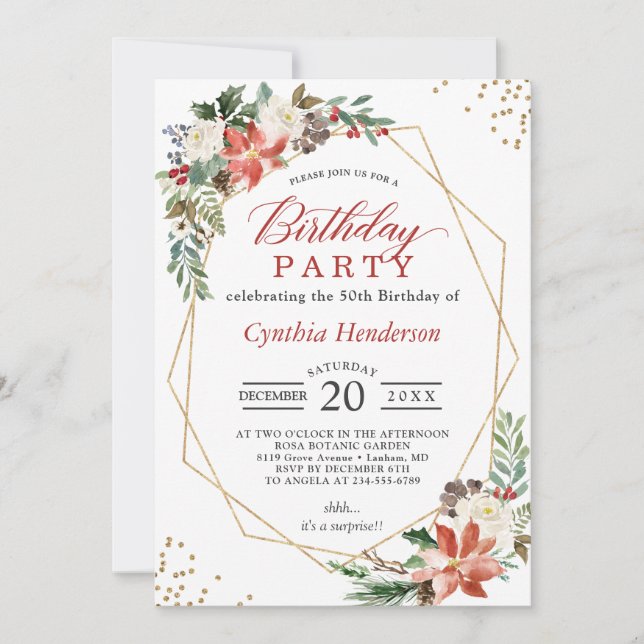 Christmas Red Poinsettia Floral Birthday Party Invitation (Front)