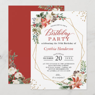 Christmas Red Poinsettia Floral Birthday Party Invitation