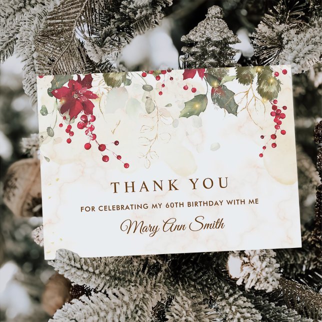 Christmas Red Poinsettia Floral Birthday Party Thank You Card (Creator Uploaded)