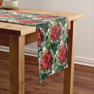 Christmas Red Poinsettia Floral with Candy Canes Short Table Runner