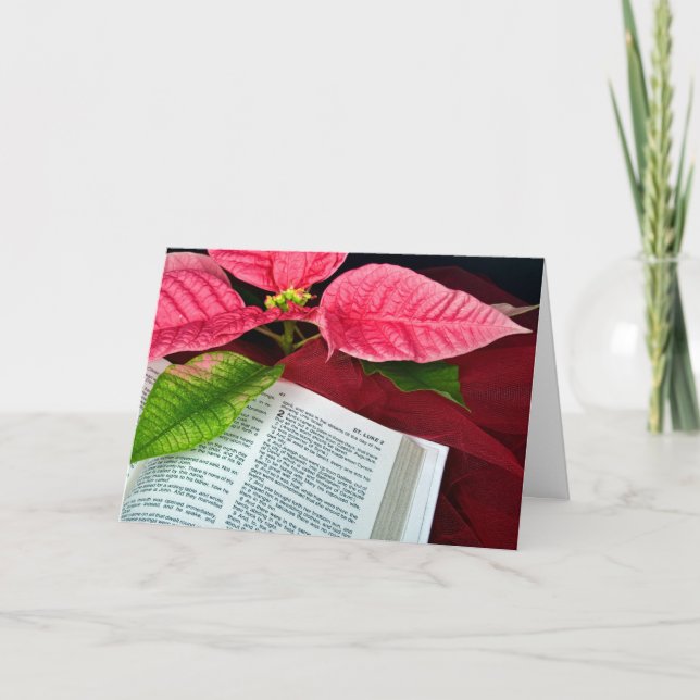 Christmas red poinsettia flower on Bible Holiday Card (Front)