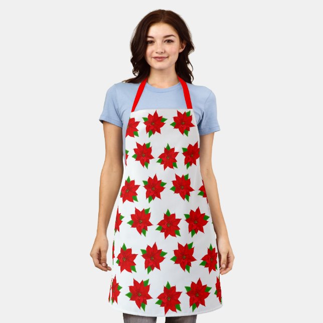 Christmas Red Poinsettia Flower Pattern on White Apron (Worn)