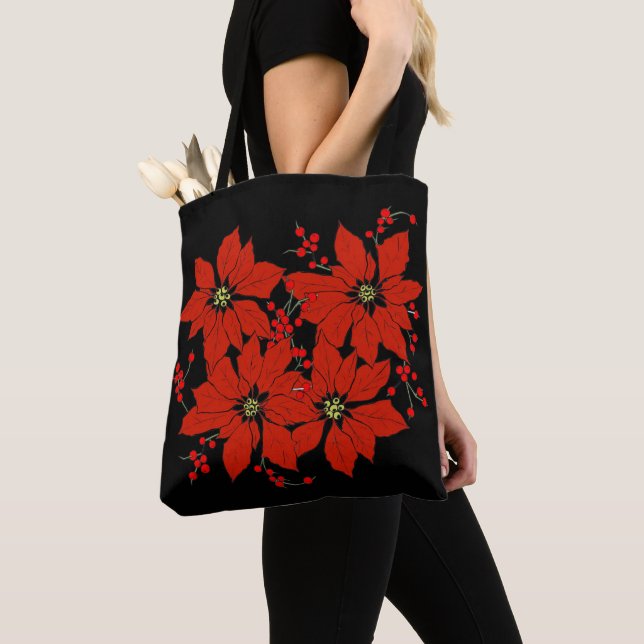 Christmas Red Poinsettia Flowers Holidays Tote Bag (Close Up)