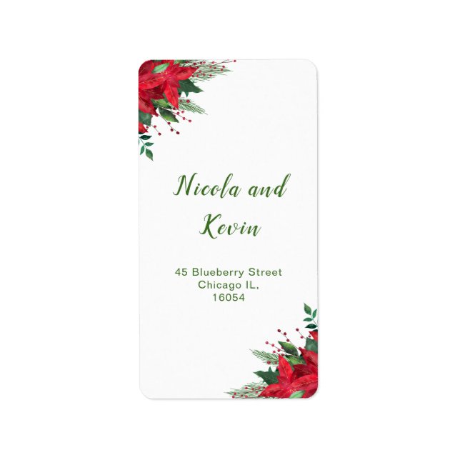 Christmas Red Poinsettia Flowers Wedding Label (Front)