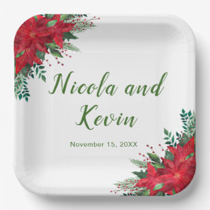 Christmas Red Poinsettia Flowers Wedding Paper Plate
