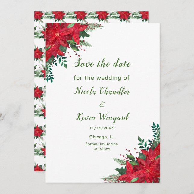 Christmas Red Poinsettia Flowers Wedding Save The Date (Front/Back)