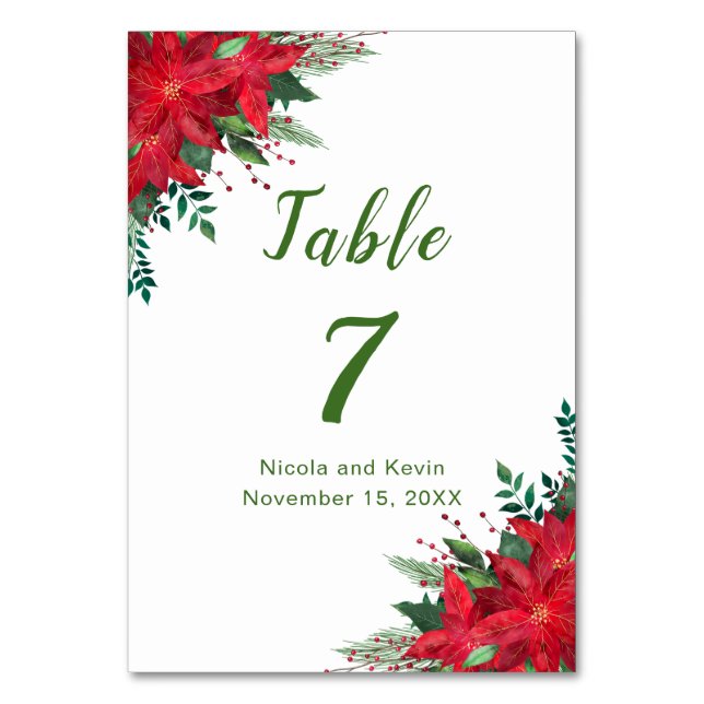 Christmas Red Poinsettia Flowers Wedding Table Number (Front)