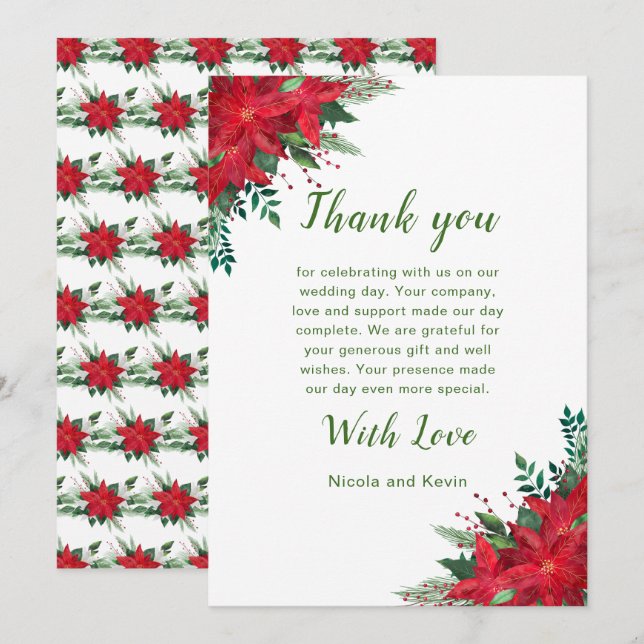 Christmas Red Poinsettia Flowers Wedding Thank You Card (Front/Back)