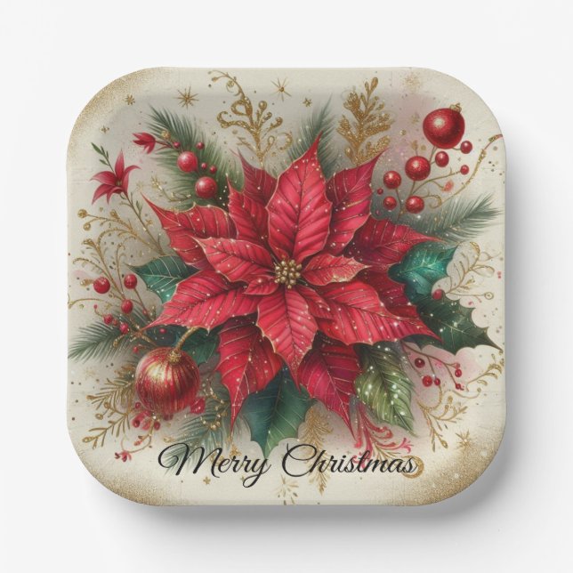 Christmas Red Poinsettia Gold Glitter Paper Plate (Front)