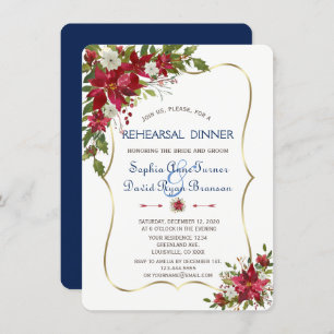 Christmas Red Poinsettia Gold Rehearsal Dinner Invitation