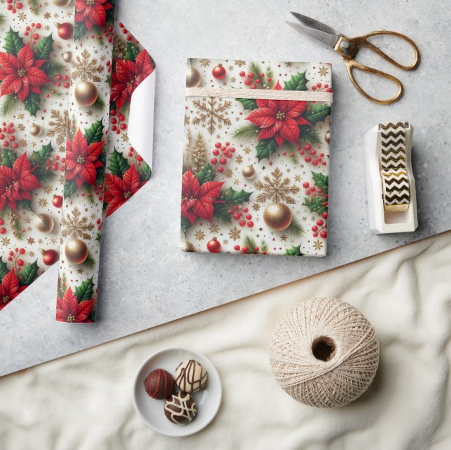 Christmas Red Poinsettia Gold Snowflake Glossy  Wrapping Paper (Crafts)