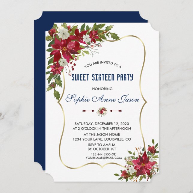 Christmas Red Poinsettia Gold Sweet Sixteen Party Invitation (Front/Back)