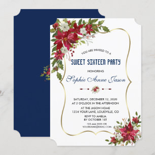 Christmas Red Poinsettia Gold Sweet Sixteen Party Invitation