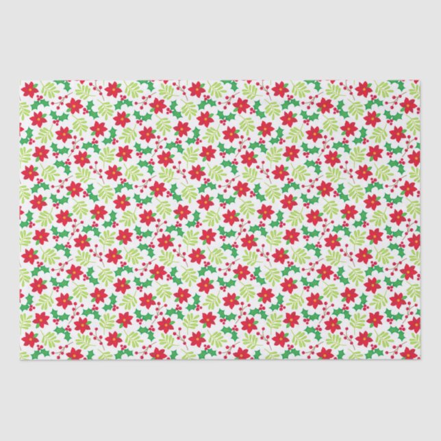 Christmas Red Poinsettia Green Holly Gift Tissue Paper (Front)