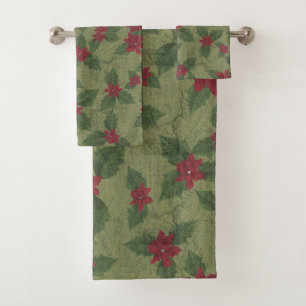 christmas red poinsettia on green branches   bath  bath towel set