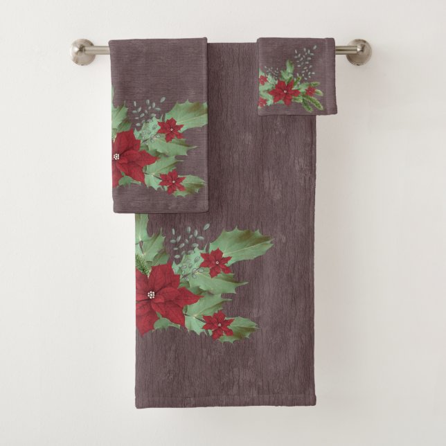 christmas red poinsettia on green branches   bath towel set (Insitu)