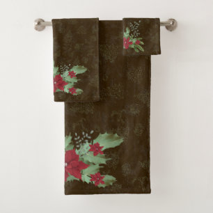 christmas red poinsettia on green branches bath towel set