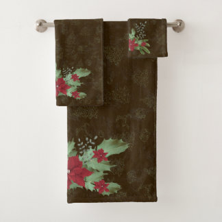 christmas red poinsettia on green branches bath towel set