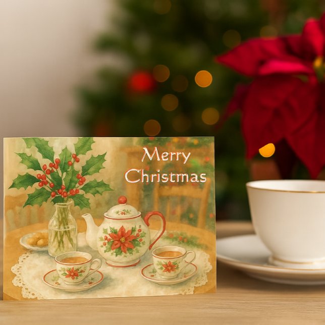 Christmas Red Poinsettia Teapot  Postcard (“Country Christmas tea set postcard with poinsettia, cozy holiday table scene, warm festive charm”)