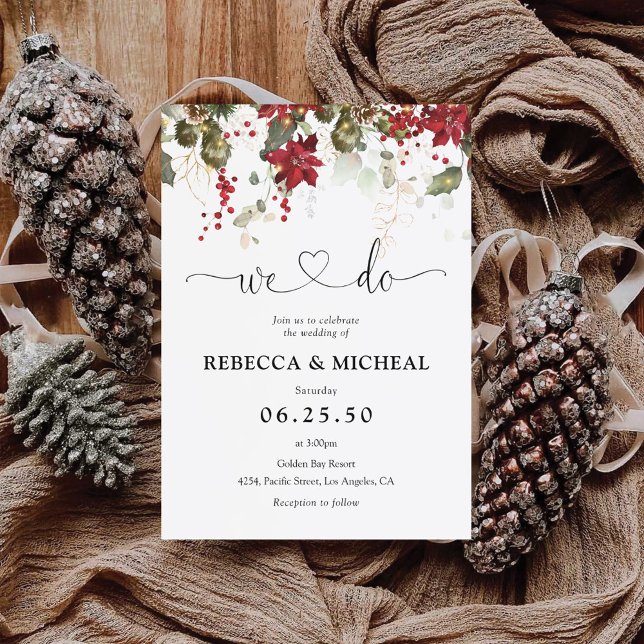 Christmas Red Poinsettia Wedding Ceremony  Invitation (Creator Uploaded)