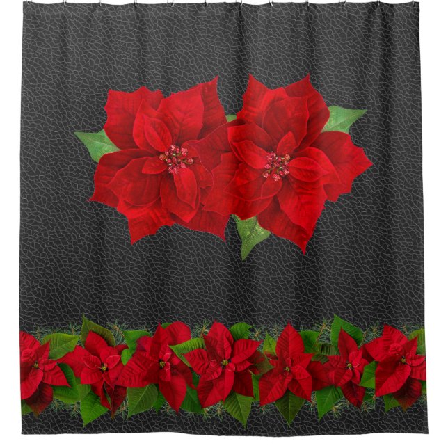 Christmas Red Poinsettias with Greenery on Black Shower Curtain (Front)