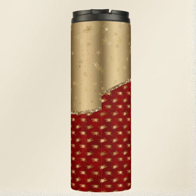 Christmas Red Red Floral Pattern with Gold Ribbon Thermal Tumbler (Creator Uploaded)