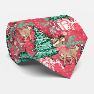 Christmas Red Reindeer and  Christmas Tree Tie