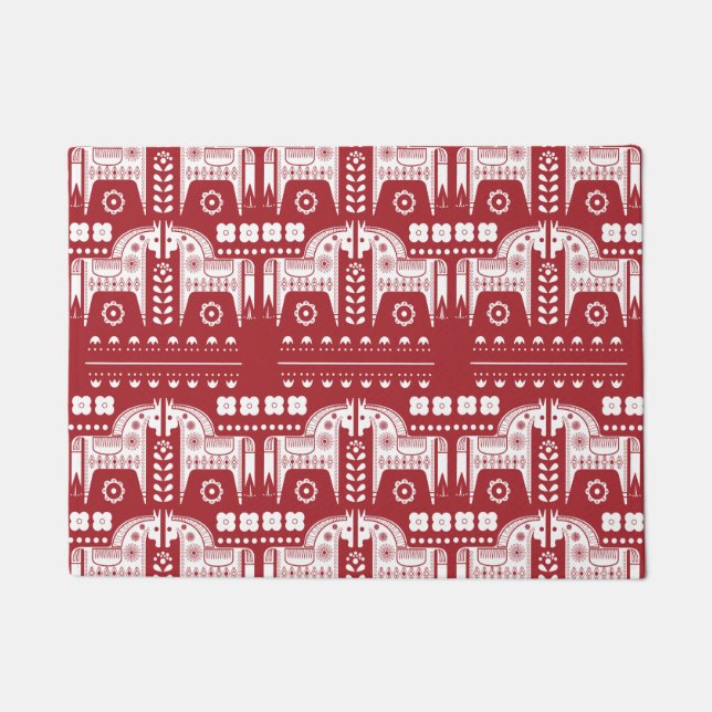 Christmas Red Reindeer Scandinavian Nordic Forest Doormat (Front)