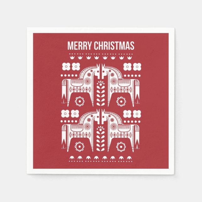 Christmas Red Reindeer Scandinavian Nordic Forest Napkin (Front)