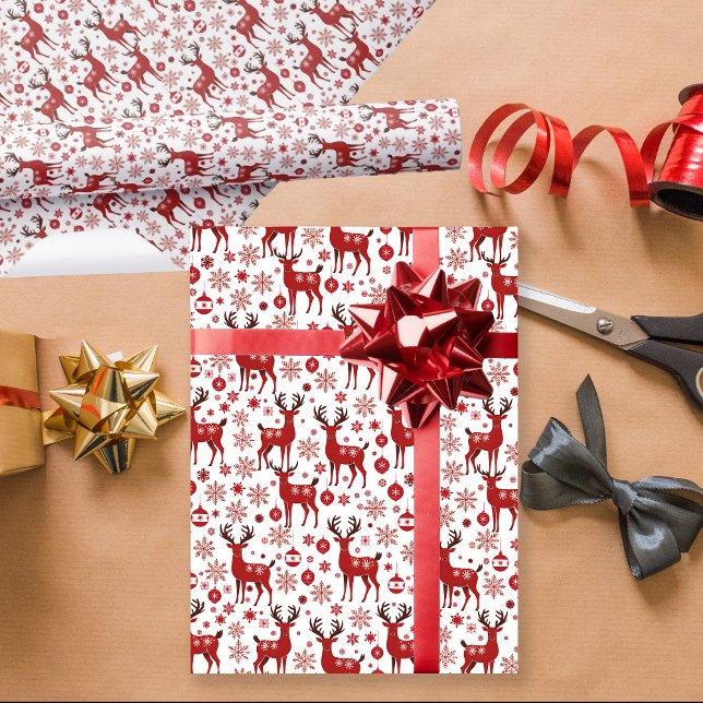 Christmas Red Reindeer Snowflake Ornament Wrapping Paper (Creator Uploaded)
