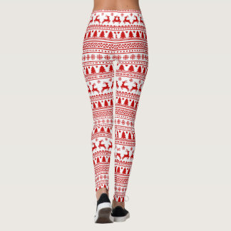 Christmas Red Reindeer Snowflakes Fun Scandinavian Leggings