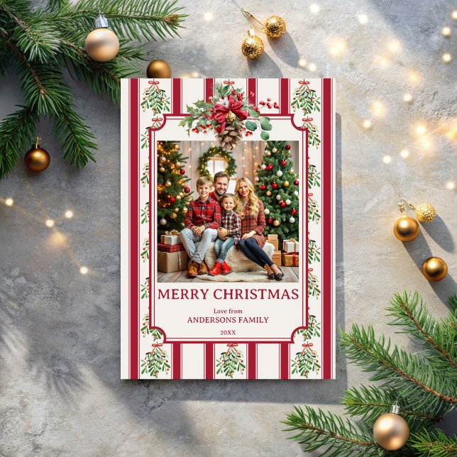 Christmas red retro stripes pine bow photo holiday card (Christmas red retro stripes pine bow photo holiday cards template one photo elegant cards)