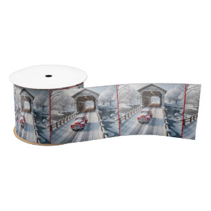 Christmas Red Retro Truck and Covered Bridge Satin Ribbon