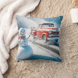 Christmas Red Retro Truck With Snowman Cushion