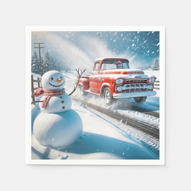 Christmas Red Retro Truck With Snowman Napkin (Front)