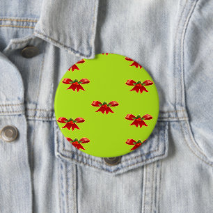 Christmas red ribbon on bright green 10 cm round badge