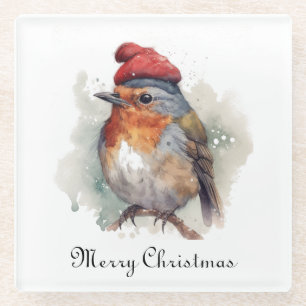 Christmas Red Robin, customisable Glass Coaster