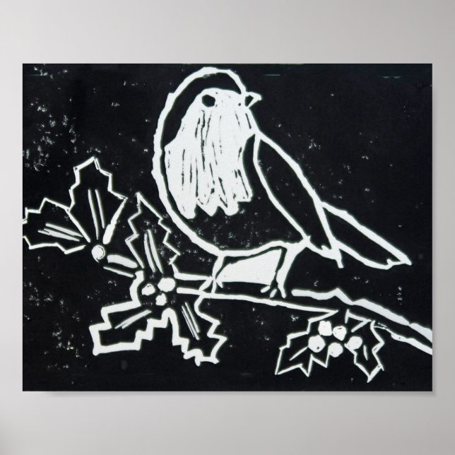 Christmas Red Robin with Holly in Black and White Poster (Front)