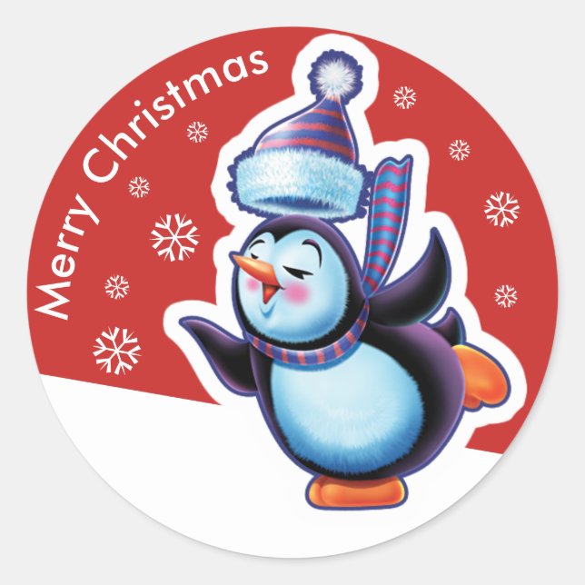 Christmas red round sticker Penguin skating. (Front)