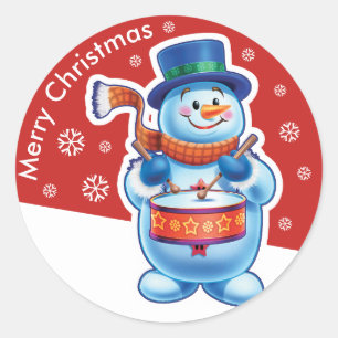 Christmas red round sticker Snowman drummer.