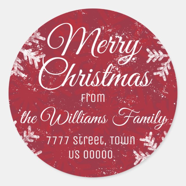 Christmas Red Rustic Snowflake | Return Address Classic Round Sticker (Front)