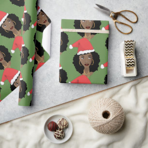 Christmas Red Santa Hat, Black Woman, Green Wrapping Paper